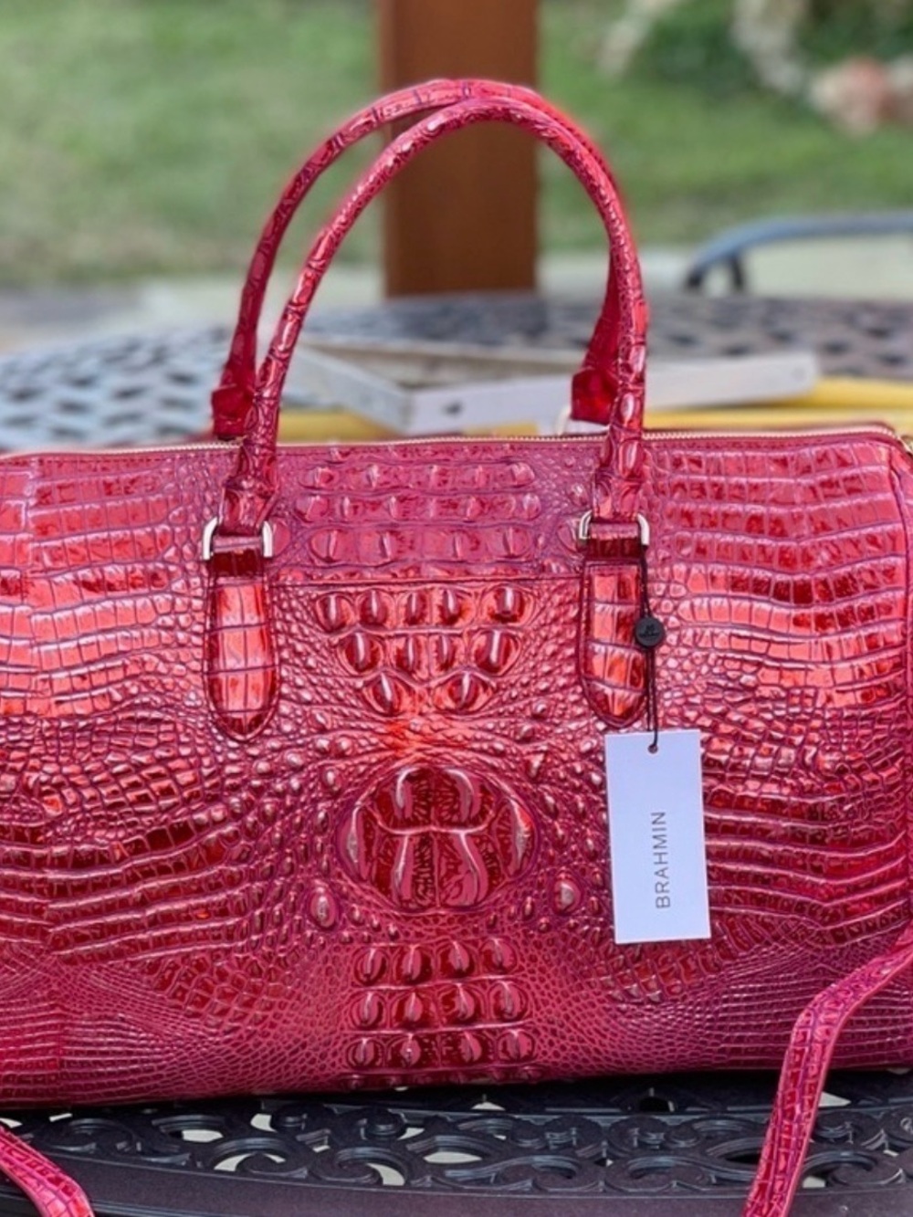 Brahmin Glossy Pink Croc-Embossed Satchel